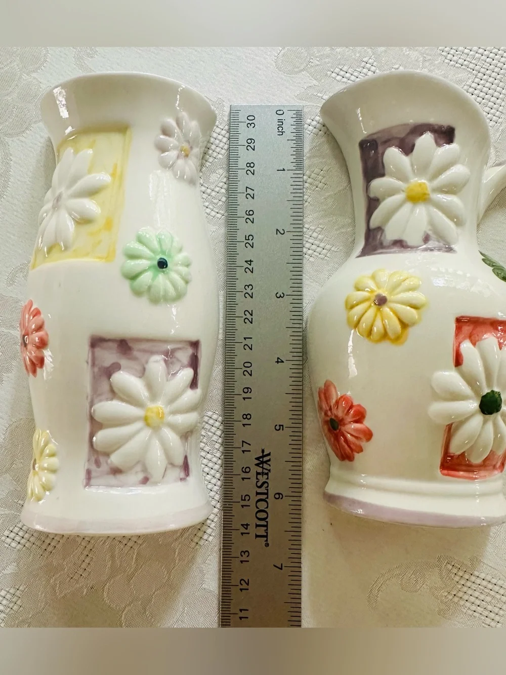 Retro MCM Hand-Painted Raised Daisy Floral Wall Planters - Set of 2